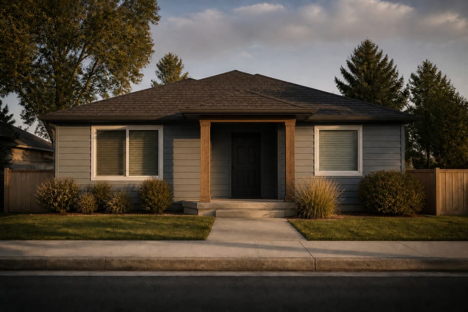 Closed house with an empty driveway, looking unused rather than staged. Illustrative property.